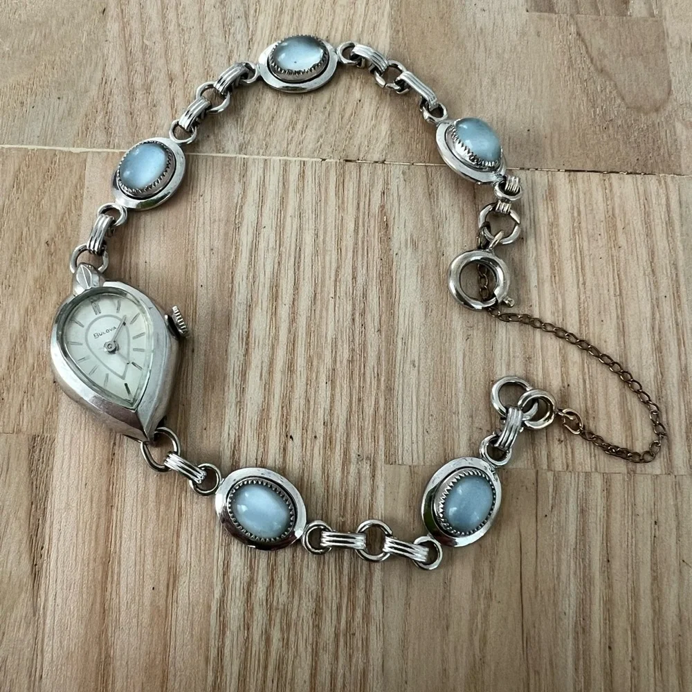 Vintage Bulova ladies teardrop shaped white gold filled mechanical watch